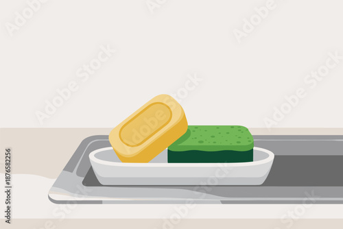 Soap Bar and Sponge in Sink Dish, personal hygiene concept