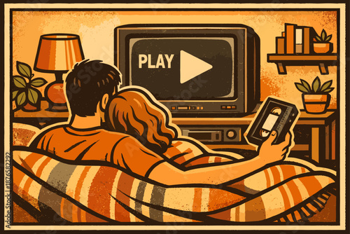 Nostalgic couple watching vhs movie on retro tv at home