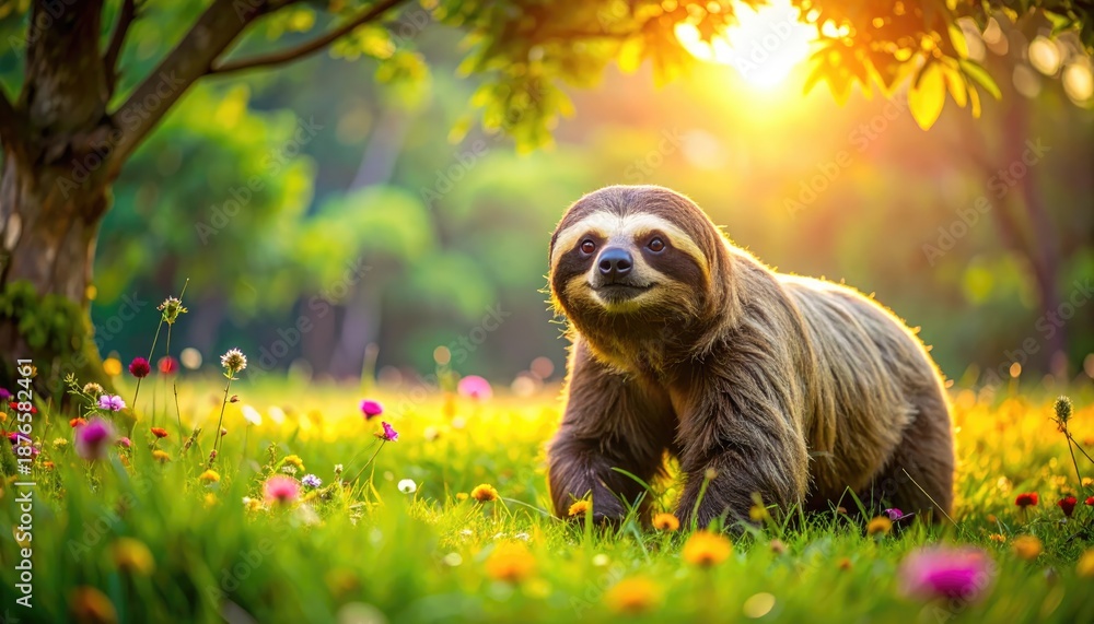 Fototapeta premium A charming sloth basking in the sun amidst a vibrant floral meadow