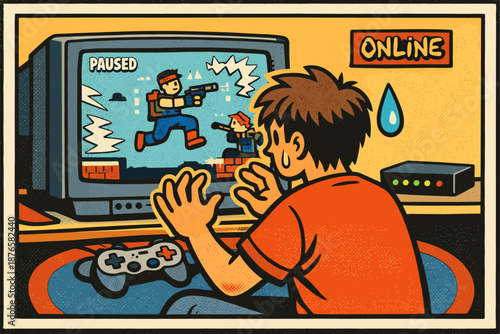 Teen playing vintage video game online in retro style artwork