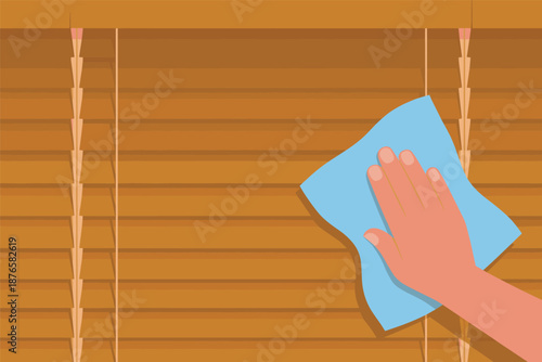 Cleaning Wooden Blinds with a Blue Cloth, home cleaning concept