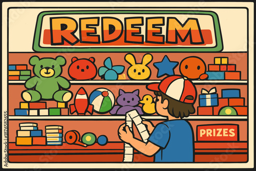 Young caucasian boy choosing prizes at toy redemption counter in game arcade