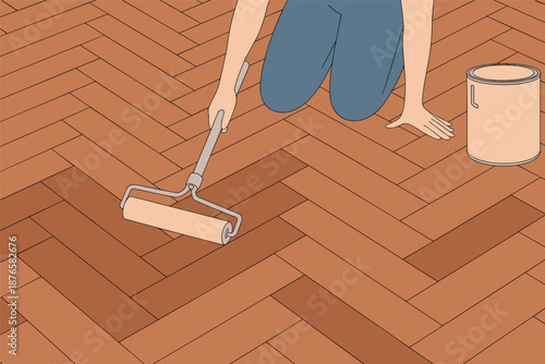 Person Applying Finish to a Herringbone Wood Floor, home renovation concept