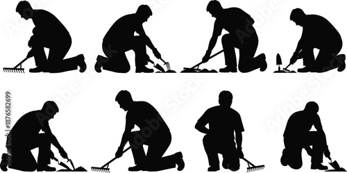 Silhouettes of person gardening in eight poses, kneeling and squatting postures, black and white graphic, transparent background, horticulture and labor illustration