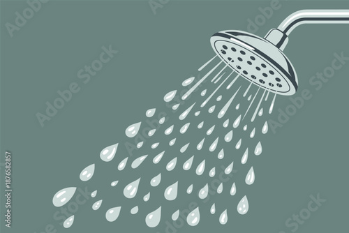 Running Shower Head with Water Droplets, daily hygiene concept