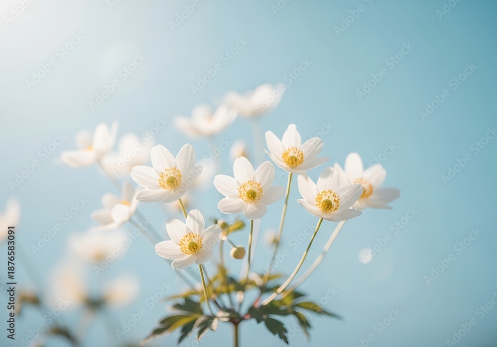 Obraz premium Delicate White Anemone Flowers Blooming Against a Soft Blue Sky.
