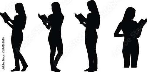   
Silhouettes of person reading book in four standing poses, black and white graphic, transparent background, focus and literacy illustration