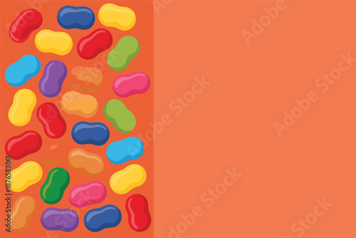Colorful Jelly Beans on Orange Background, candy background concept with copy space