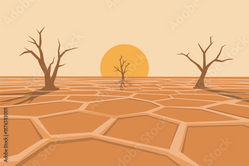 Arid Wasteland Sunset with Cracked Earth and Dead Trees, climate change concept
