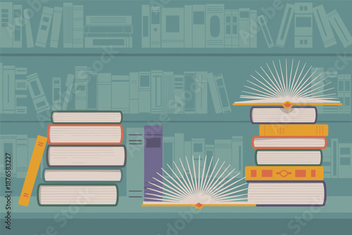 Library Bookshelf with Open and Stacked Volumes, knowledge learning concept