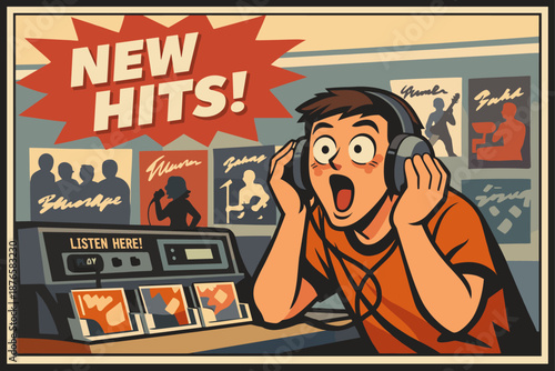 Excited young male listening to new hits at record store