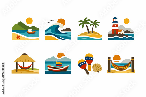 Venezuelan Coastal Landscapes Icon Set with Eight Minimalist Flat Icons