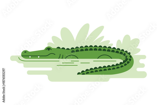 Flat Green Alligator in Swamp Water, wildlife illustration concept