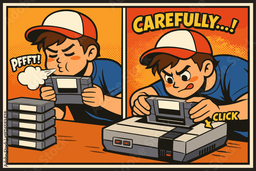 Young male cartoon gamer fixing retro console cartridge comic style fun