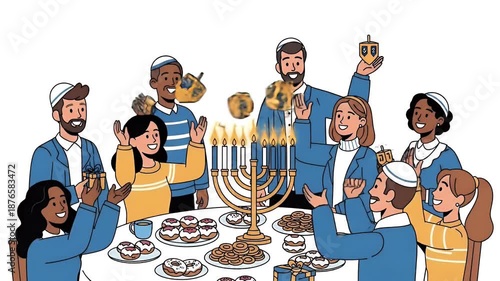 Diverse Family Celebrating Hanukkah Holiday With Menorah and Dreidels Footage
