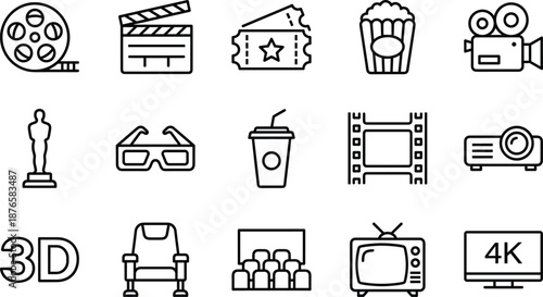 Comprehensive line icon collection featuring cinema entertainment media tools emergency alert symbols urban city buildings and creative writing elements for professional digital web design