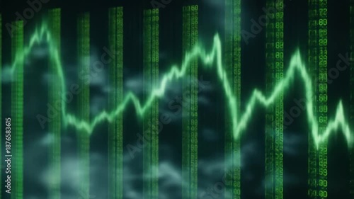 Fluctuating Data Visualization: Stock Market Analysis with Green Digital Lines and Numbers
