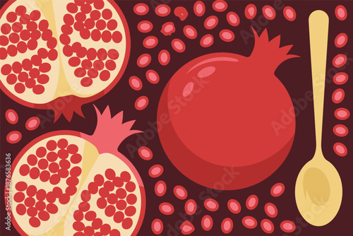 Pomegranate Harvest with Arils and Spoon, healthy fruit concept