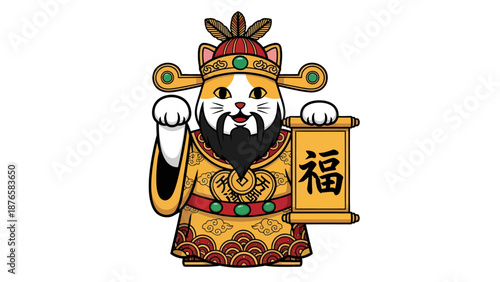 Lucky Cat God of Wealth Illustration for Chinese New Year Celebration and Lunar Mascot Design
