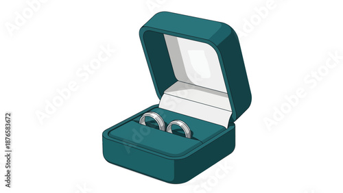 Open Teal Velvet Ring Box Revealing Two Silver Wedding Bands or Engagement Rings for Proposal Artwork and Jewelry