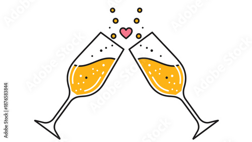 Delightful cartoon illustration of two champagne flutes clinking in a toast, symbolizing celebration, love, and happiness.