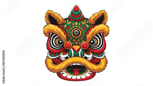 Vibrant Chinese Lion Dance Mask Vector Illustration for Lunar New Year and Cultural Festival