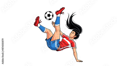 Dynamic woman soccer player scoring with overhead bicycle kick vector illustration