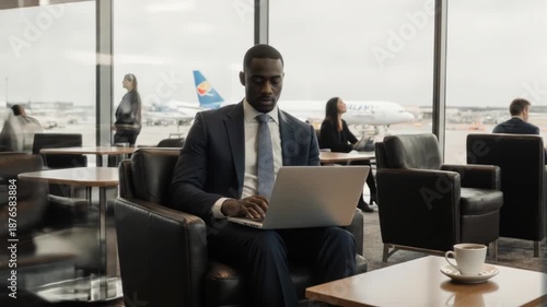 Focused entrepreneur working in an airport lounge before a flight, preparing for his meeting