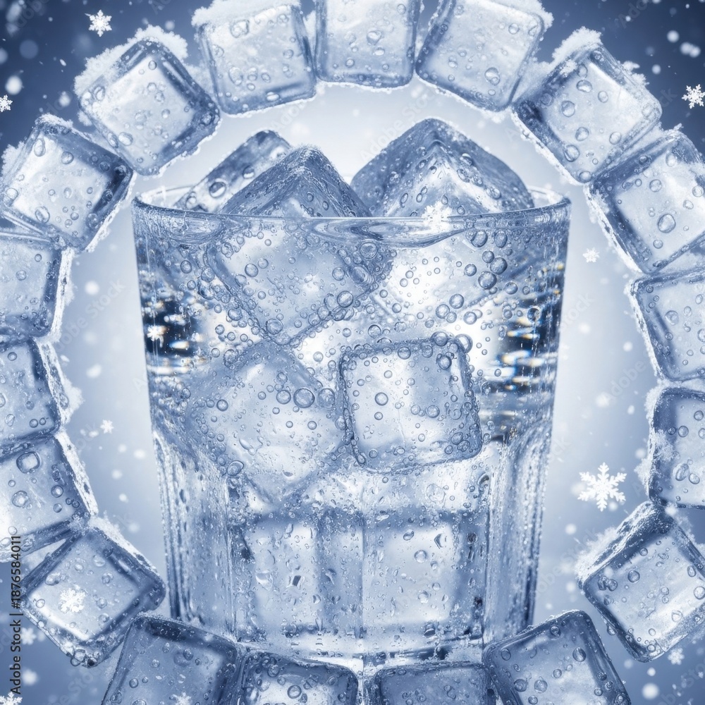 Obraz premium Glass of Cold Water Surrounded by Floating Ice Cube Ring in Winter Snow, Creative Refreshing Drink Concept