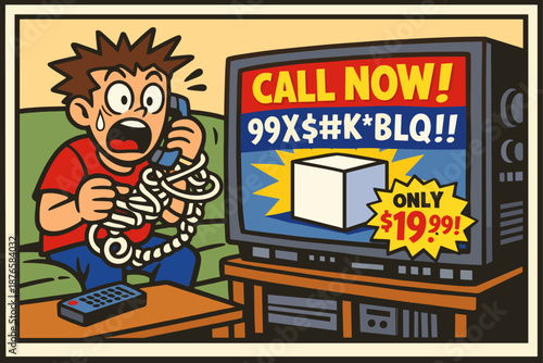 Cartoon of shocked male watching infomercial with special offer on television