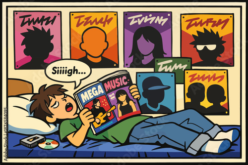Teen reading music magazine on bed with band posters in room cartoon art