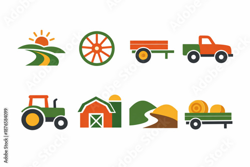 Abstract Rural Transport Icon Set with Eight Minimalist Flat Icons
