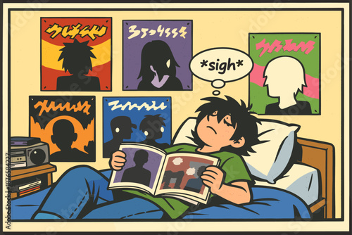 Teen relaxing in bedroom with comics and posters