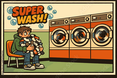 Retro cartoon of young caucasian male with laundry in vintage laundromat setting