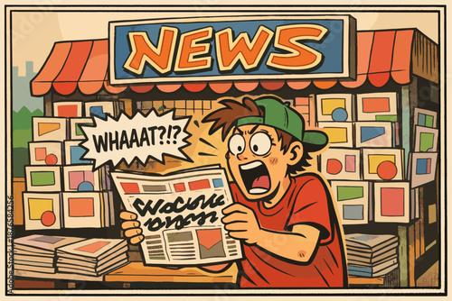 Surprised cartoon boy reading shocking news at newsstand