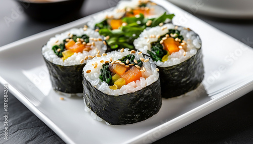Fresh Sushi Roll with Salmon and Vegetables on White Plate