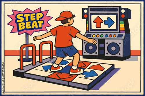 Young male playing retro dance arcade game with colorful arrows
