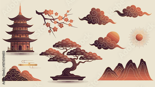 Asian Inspired Digital Art Elements Collection.