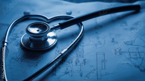Heart Shaped Stethoscope on Technical Drawing Displaying Precision and Medical Innovation