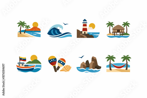 Venezuelan Coastal Landscapes Icon Set with Eight Minimalist Flat Icons