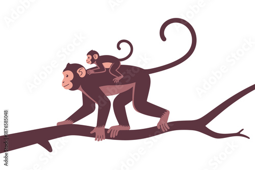 Mother Monkey Carrying Baby on Tree Branch, animal motherhood concept