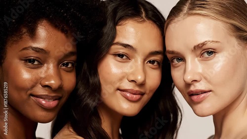Skincare group, face or women smile for anti aging cosmetics, beauty glow and spa wellness support. Equality, cosmetology closeup or diversity portrait of unique friends together on studio background.