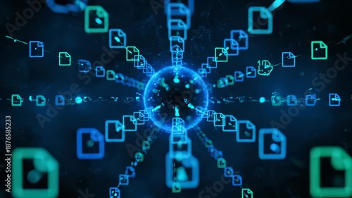 Digital document files flow into data sphere with network connections. File transfer shows technology flow. Document icons move in digital network. Data sphere receives file streams from network.