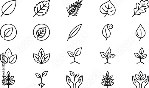 Comprehensive line icon set featuring nature leaf symbols life insurance protection graphics cinema media entertainment tools and professional creative assets for modern web design projects
