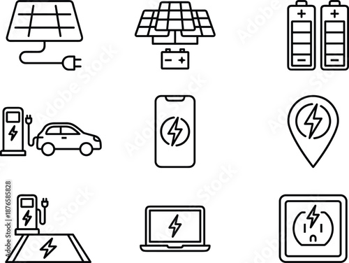 Electric vehicle charging and solar energy line icon set featuring EV stations, solar panels, battery storage, power outlets, mobile charging, and renewable technology symbols.