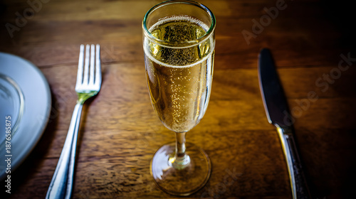 champagne. Elegant champagne flute with golden reflections, representing celebration and refined taste. bar promotions, beverage menus, designed for food & beverage menus and cafe branding.
