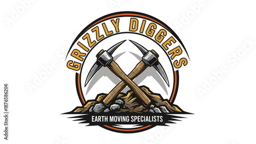 Grizzly Diggers Earth Moving Specialists Logo with Pickaxes.