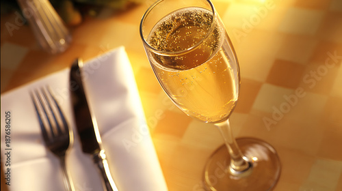 champagne. Elegant champagne flute with golden reflections, representing celebration and refined taste. bar promotions, beverage menus, designed for food & beverage menus and cafe branding.