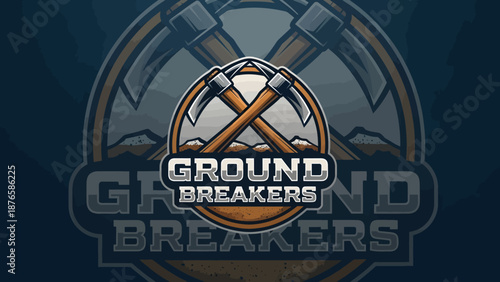 Ground Breakers Logo with Crossed Pickaxes and Mountains.