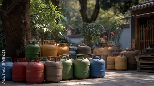 Wallpaper Mural Outdoor scene with LPG gas bottles stacked ready for sell, industrial setting highlighting alternative energy supply, storage practices, and commercial fuel operations. cinematic color correction, Torontodigital.ca